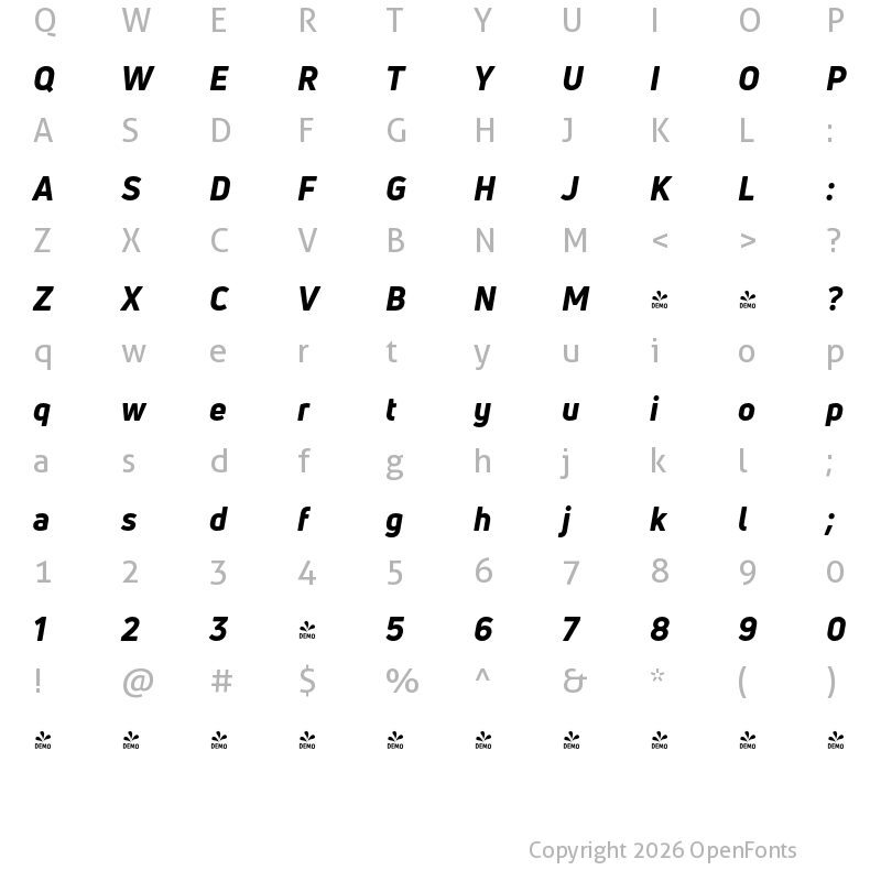 Character Map of FONTSPRING DEMO - Uni Neue Heavy Italic