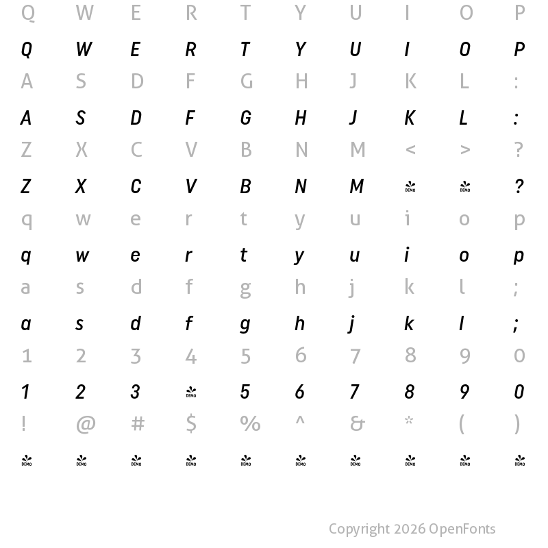 Character Map of FONTSPRING DEMO - Uniform Condensed Medium Italic Regular