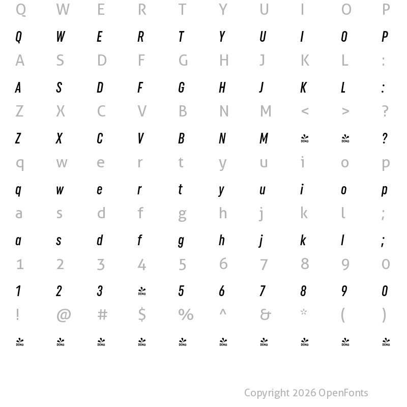 Character Map of FONTSPRING DEMO - Uniform Extra Condensed Medium It Regular