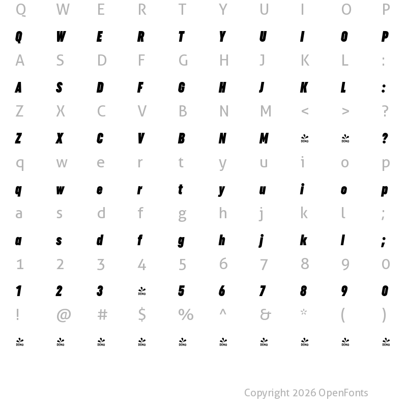 Character Map of FONTSPRING DEMO - Uniform Extra Condensed Ultra It Regular