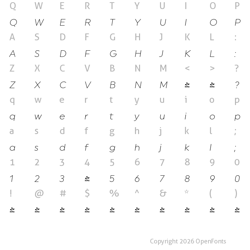 Character Map of FONTSPRING DEMO - Uniform Light Italic