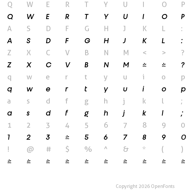 Character Map of FONTSPRING DEMO - Unigeo32 Medium Italic