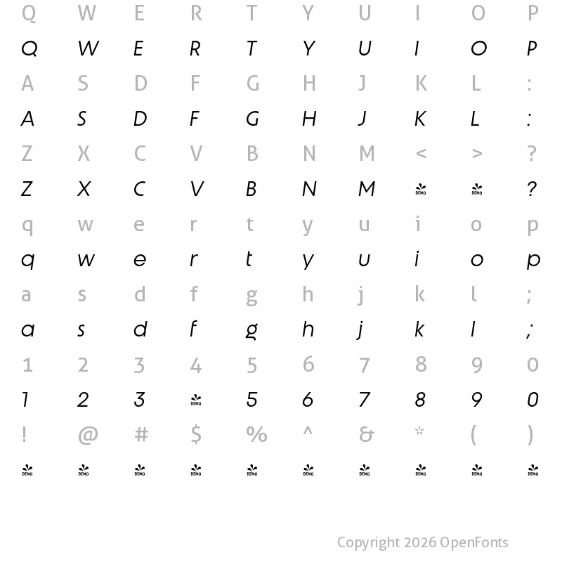 Character Map of FONTSPRING DEMO - Unigeo64 Italic