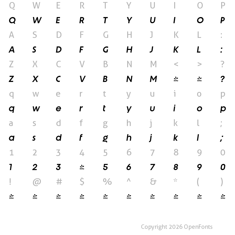 Character Map of FONTSPRING DEMO - Unigeo64 Semibold Italic