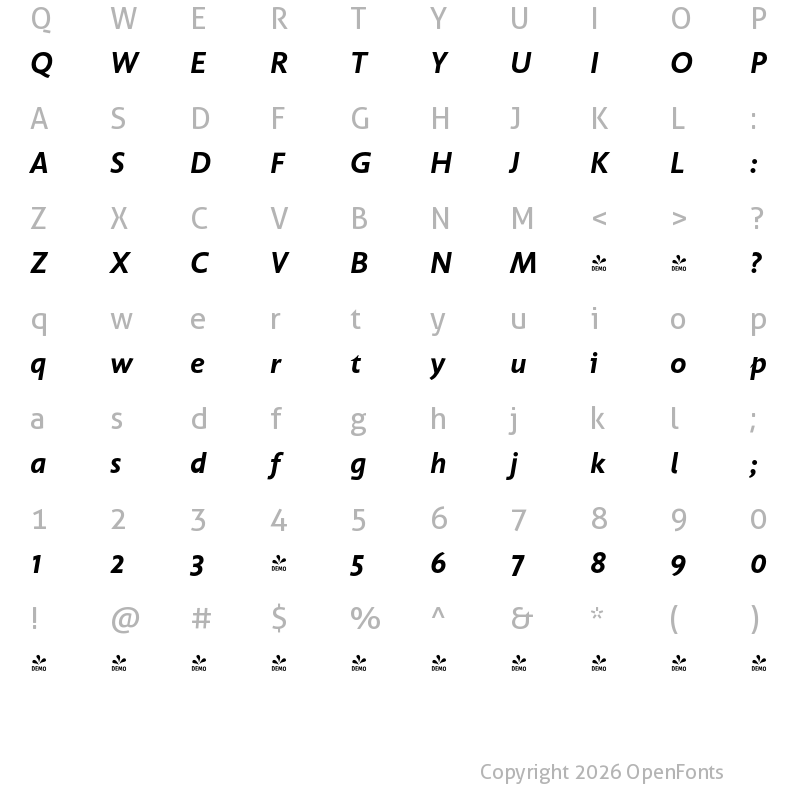 Character Map of FONTSPRING DEMO - UnitaBoldItalic Regular
