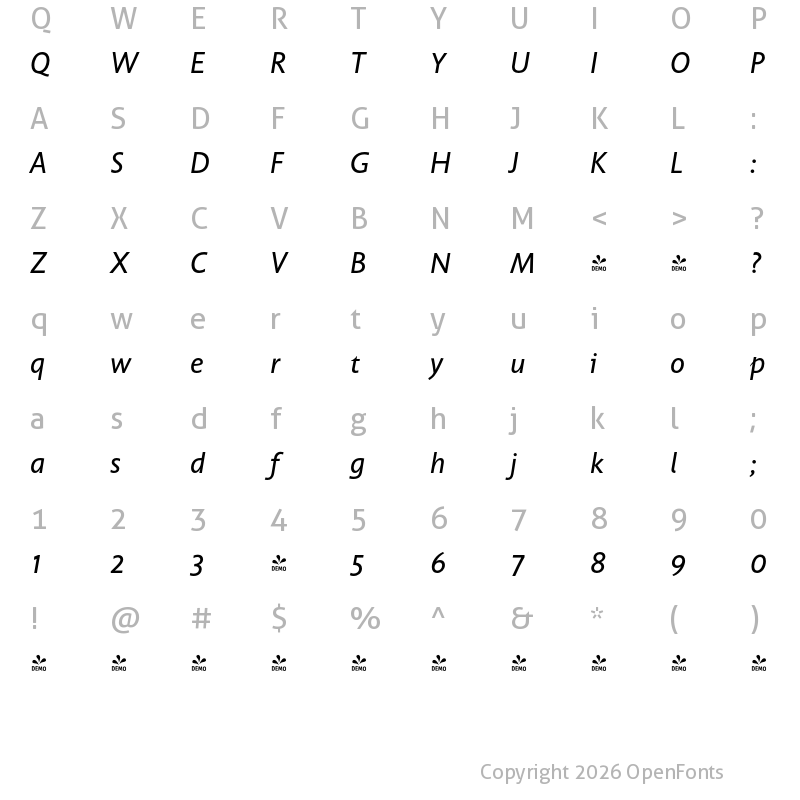 Character Map of FONTSPRING DEMO - UnitaItalic Regular