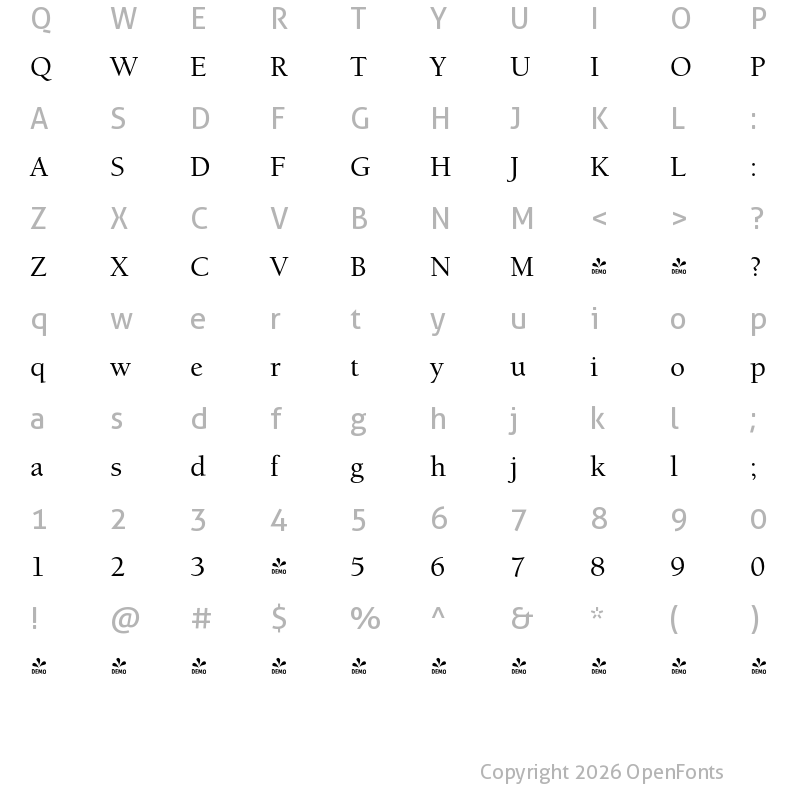 Character Map of FONTSPRING DEMO - University Oldstyle Pro Medium Regular