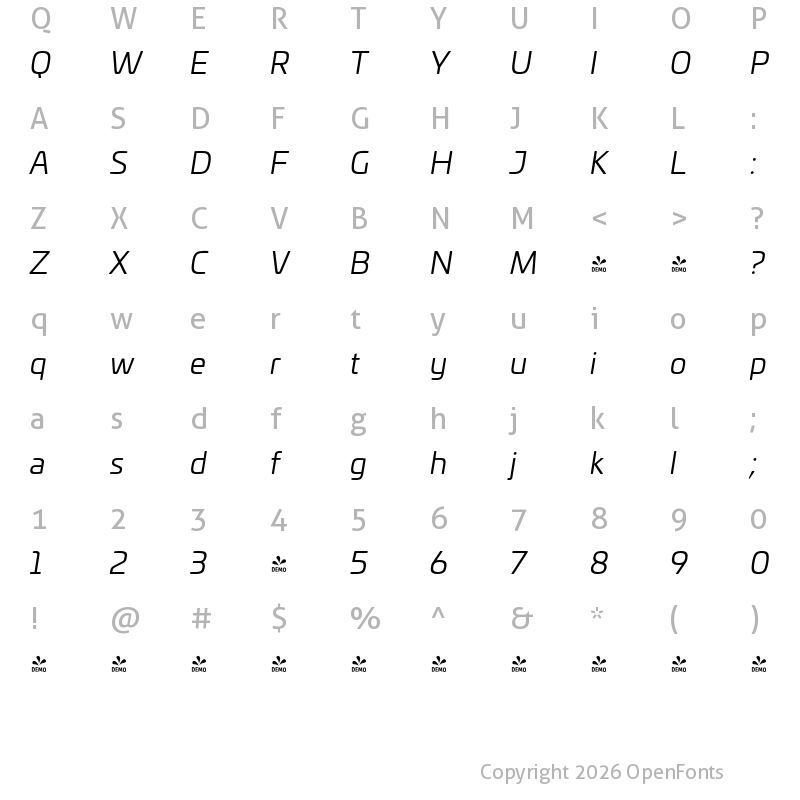 Character Map of FONTSPRING DEMO - Univia Pro Book Italic