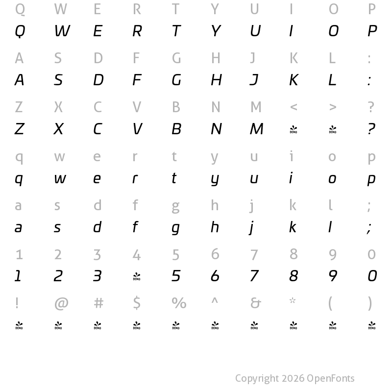 Character Map of FONTSPRING DEMO - Univia Pro Regular Italic