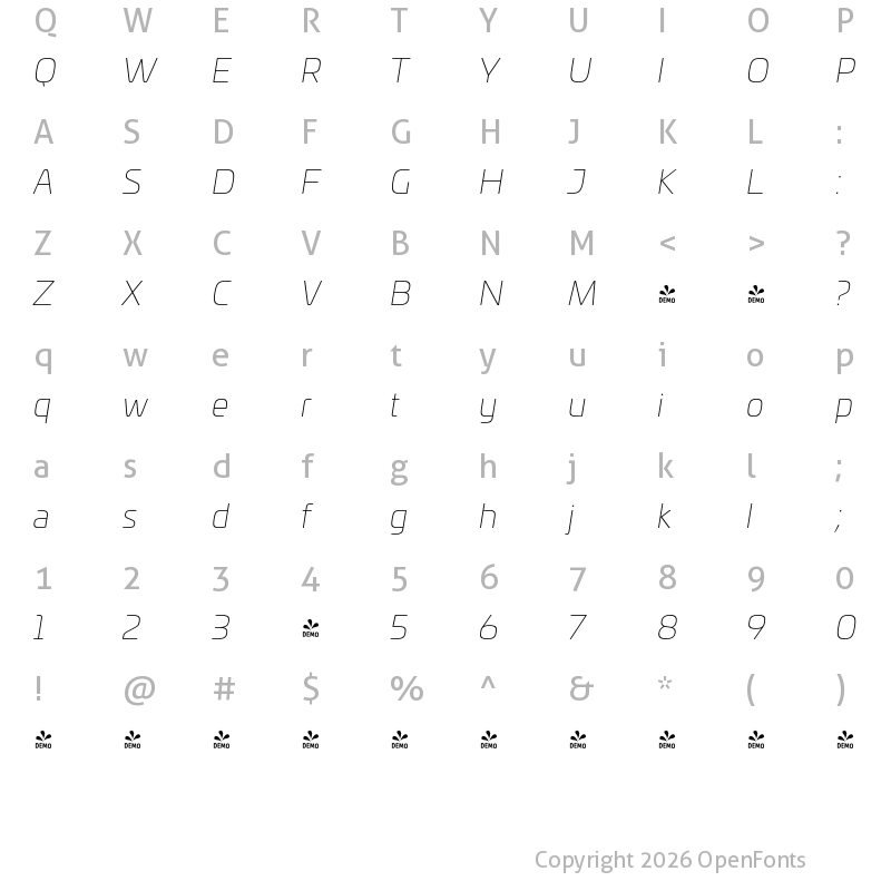 Character Map of FONTSPRING DEMO - Univia Pro Thin Italic