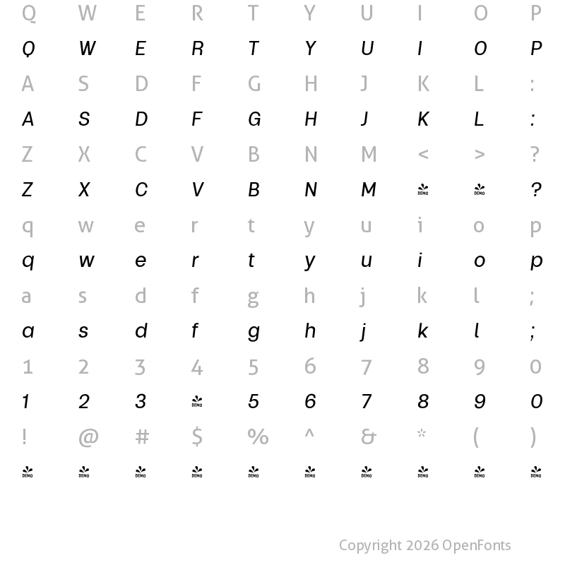 Character Map of FONTSPRING DEMO - UpgRade Med Italic