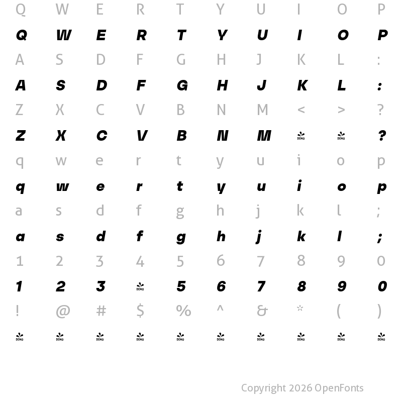 Character Map of FONTSPRING DEMO - UpMax Black Italic