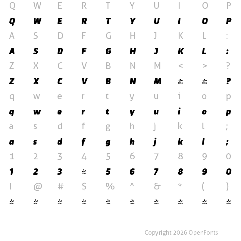 Character Map of FONTSPRING DEMO - Urfa Rd Black Italic