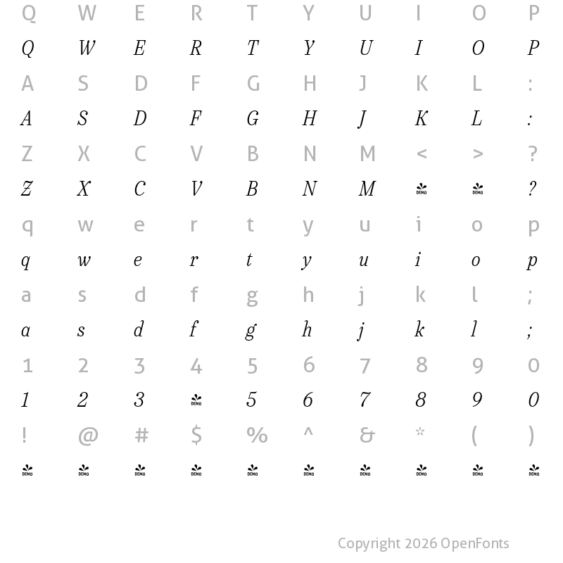 Character Map of FONTSPRING DEMO - Urge Text Lt Cn Italic