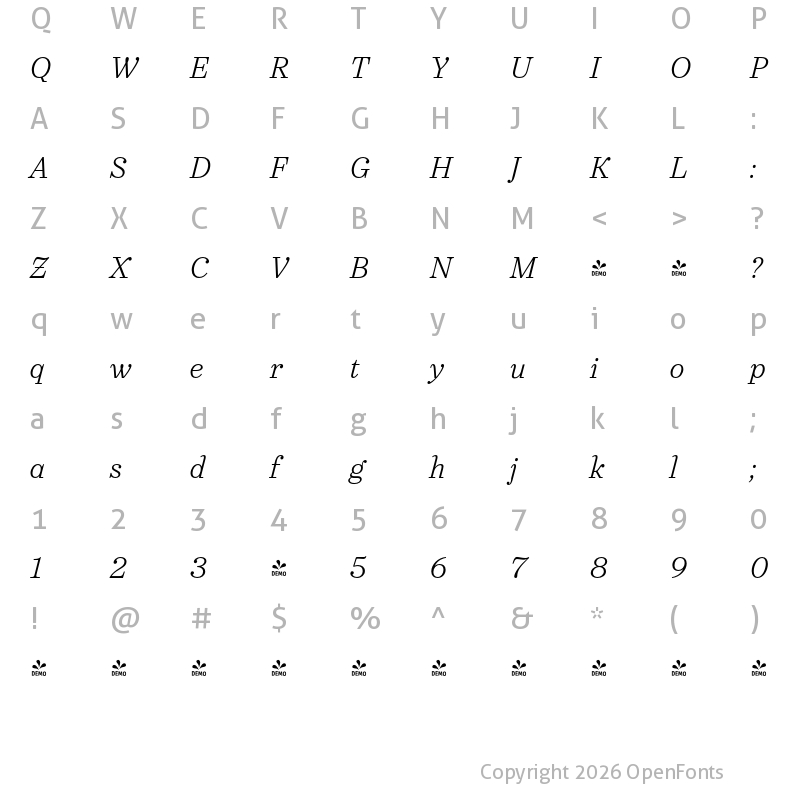 Character Map of FONTSPRING DEMO - Urge Text Lt Italic