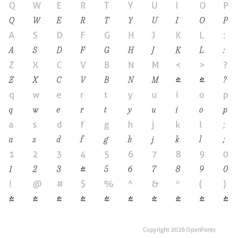 Character Map of FONTSPRING DEMO - Urge Text XLt Cn Italic
