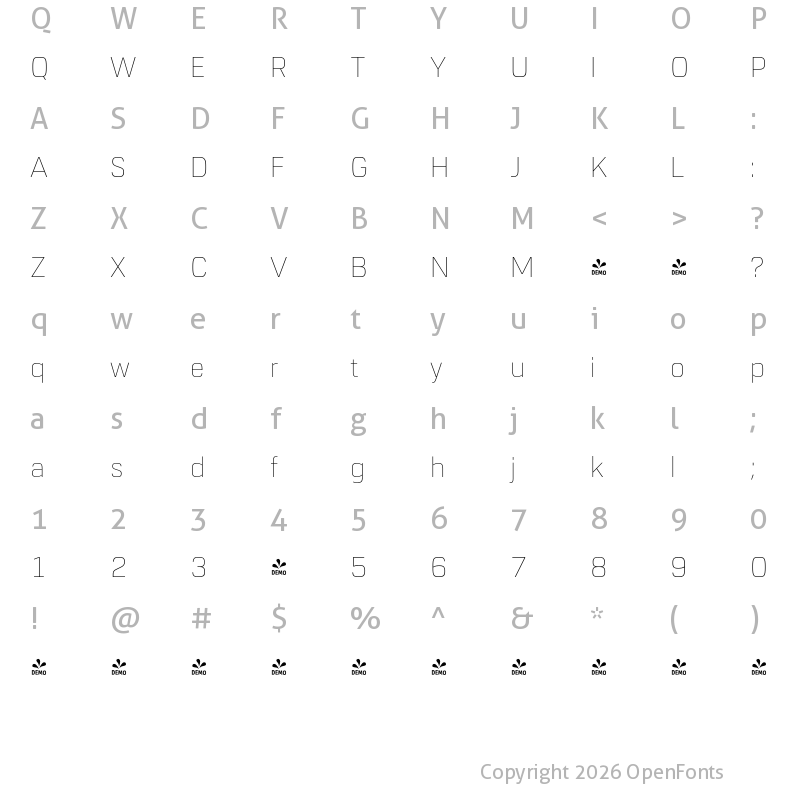 Character Map of FONTSPRING DEMO - URW Dock Thin Regular