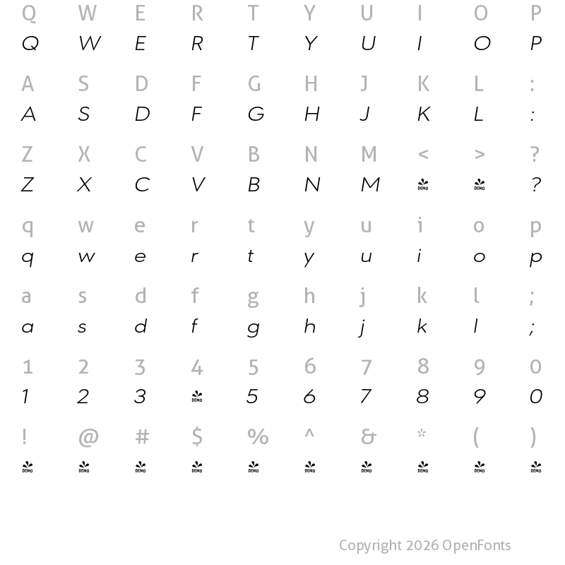 Character Map of FONTSPRING DEMO - URW Geometric Ext Light Italic