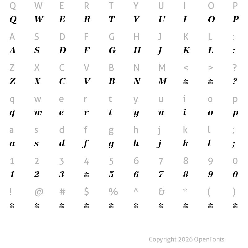 Character Map of FONTSPRING DEMO - URWAntiqua Bold Italic