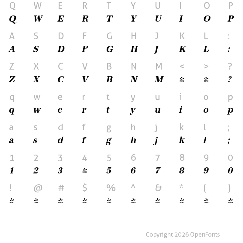 Character Map of FONTSPRING DEMO - URWAntiquaNar Bold Italic