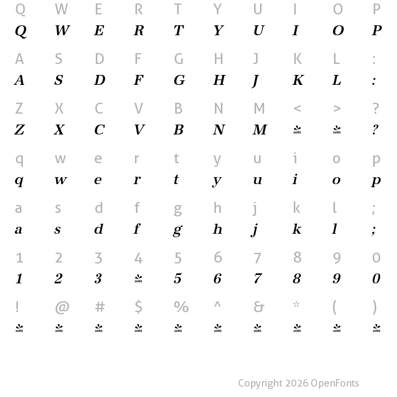 Character Map of FONTSPRING DEMO - URWAntiquaNarMed Italic