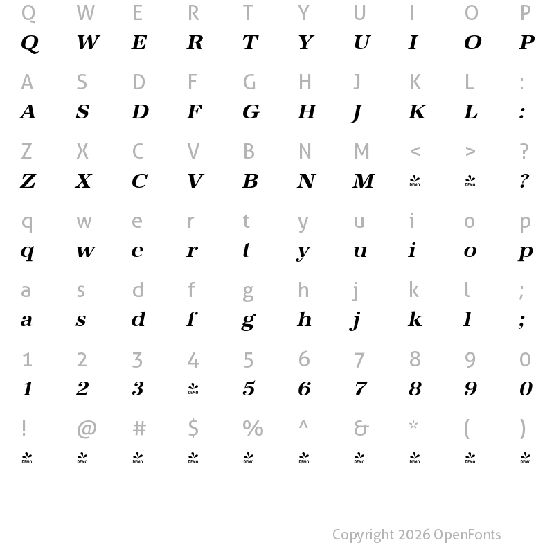 Character Map of FONTSPRING DEMO - URWAntiquaWid Bold Italic