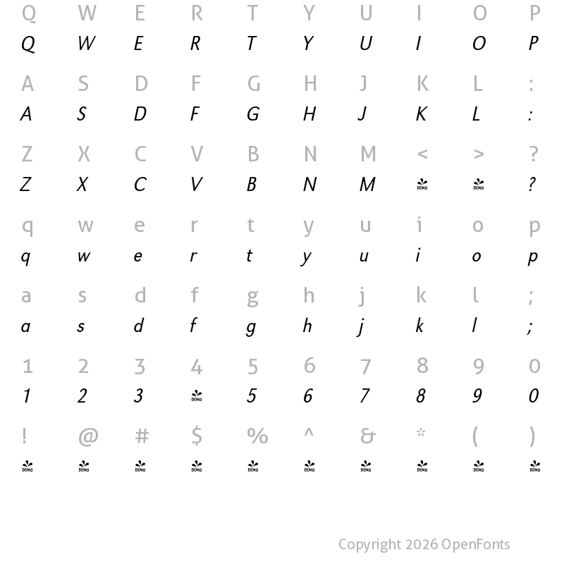 Character Map of FONTSPRING DEMO - URWGroteskExtNarLig Italic