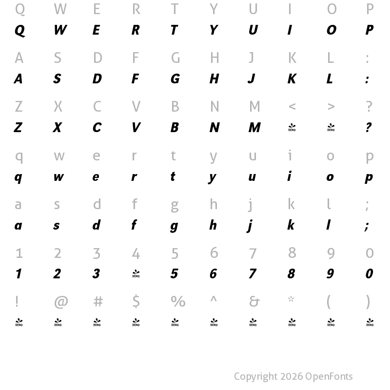 Character Map of FONTSPRING DEMO - URWGroteskExtNarMed Italic