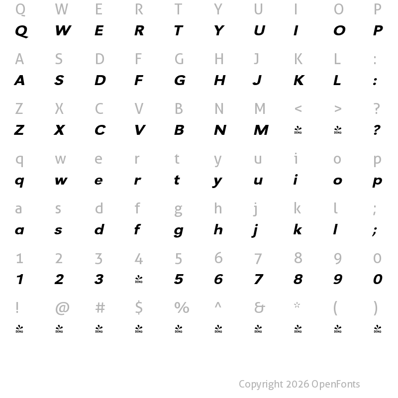 Character Map of FONTSPRING DEMO - URWGroteskExtWidMed Italic