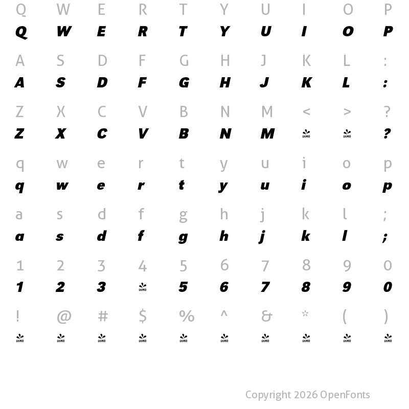 Character Map of FONTSPRING DEMO - URWGroteskNar Bold Italic