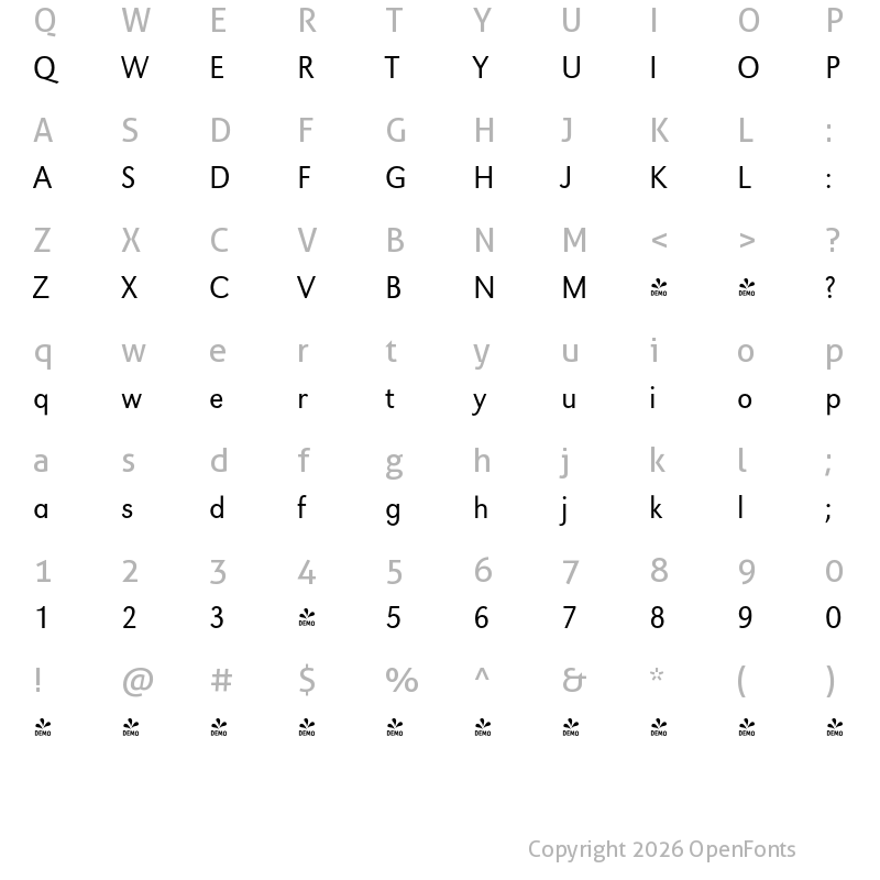 Character Map of FONTSPRING DEMO - URWGroteskNarLig Regular