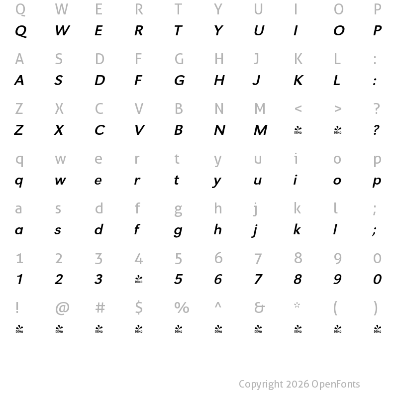 Character Map of FONTSPRING DEMO - URWGroteskWid Italic