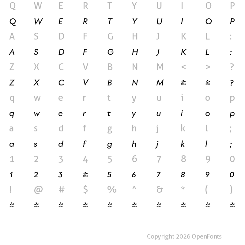 Character Map of FONTSPRING DEMO - Utily Medium It Regular