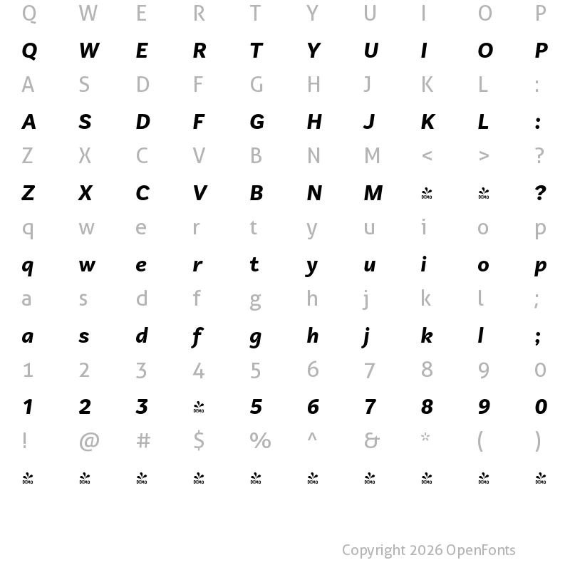 Character Map of FONTSPRING DEMO - Vaccine Sans Extra Bold Italic