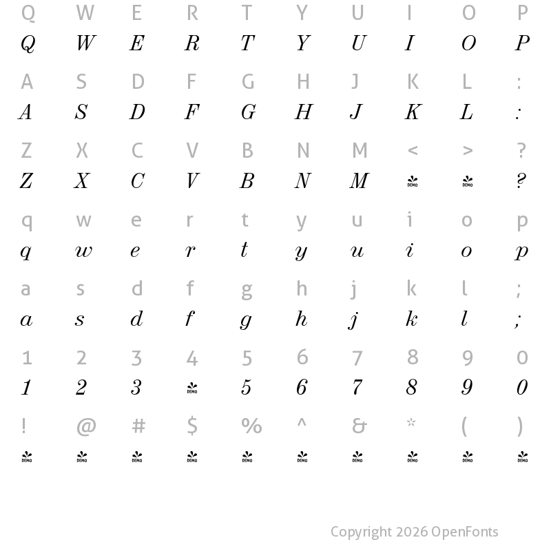 Character Map of FONTSPRING DEMO - Valencia Italic