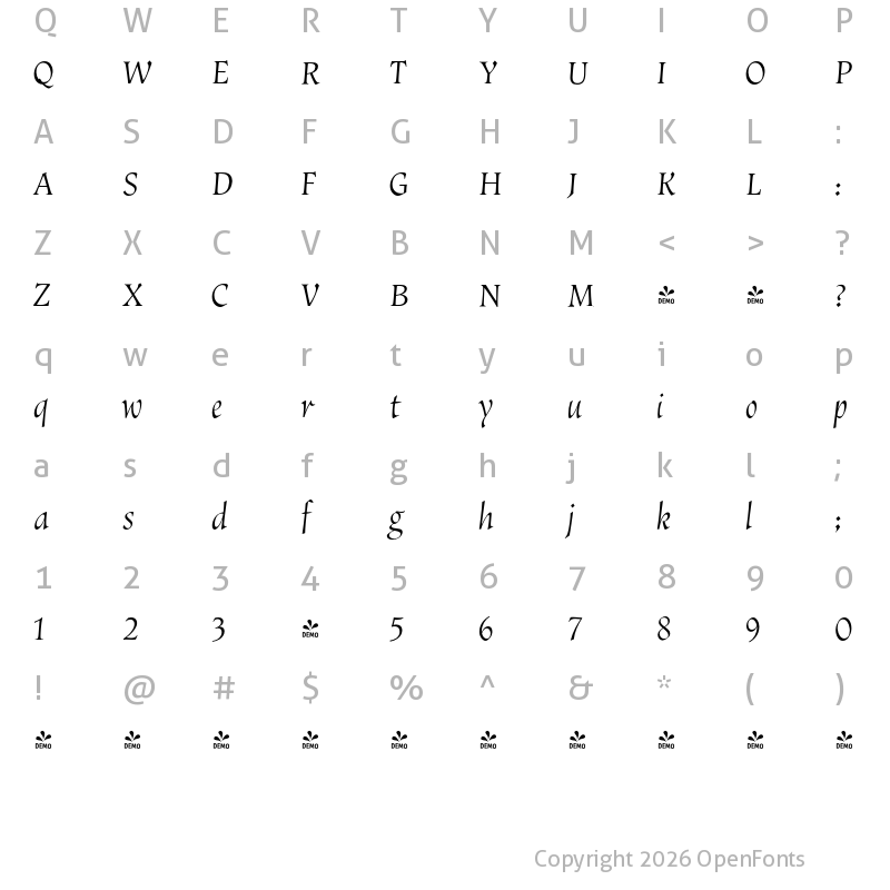 Character Map of FONTSPRING DEMO - Vatican Light Italic