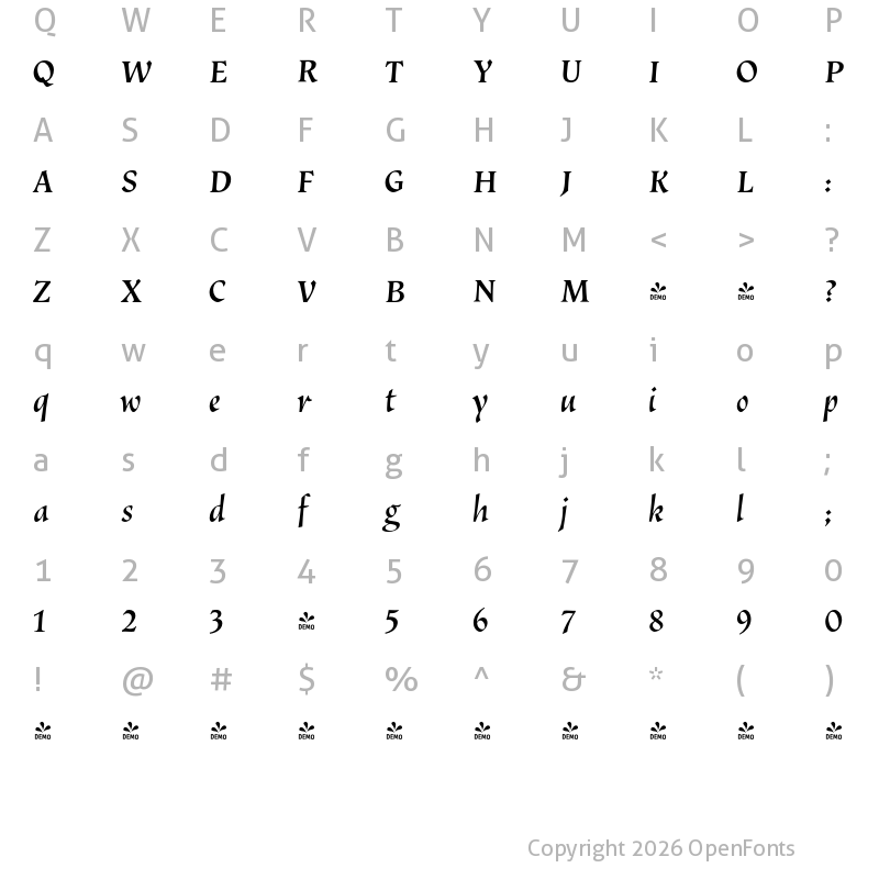 Character Map of FONTSPRING DEMO - Vatican Med Italic