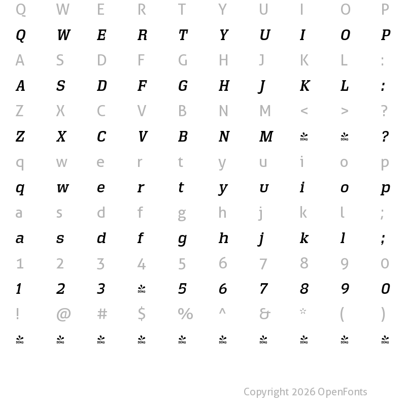 Character Map of FONTSPRING DEMO - Vectipede Rg Italic