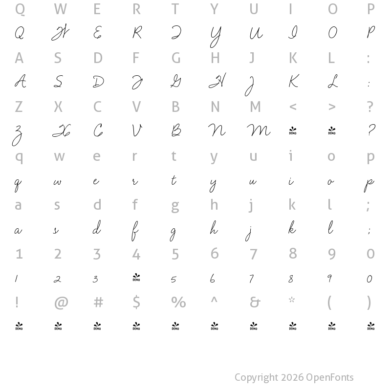Character Map of FONTSPRING DEMO - Velvet Script Regular