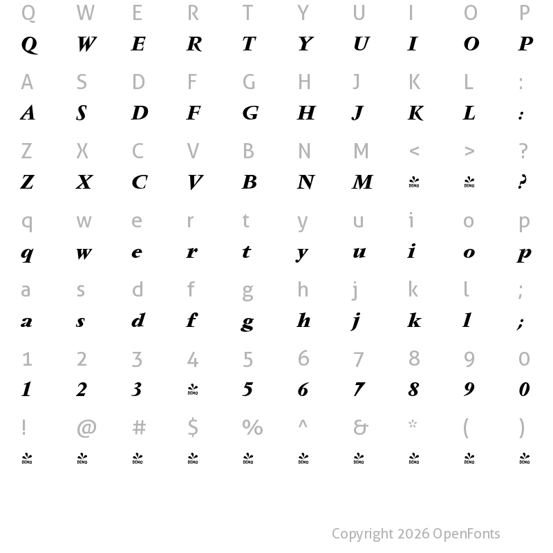 Character Map of FONTSPRING DEMO - Vendome FS Bold Italic