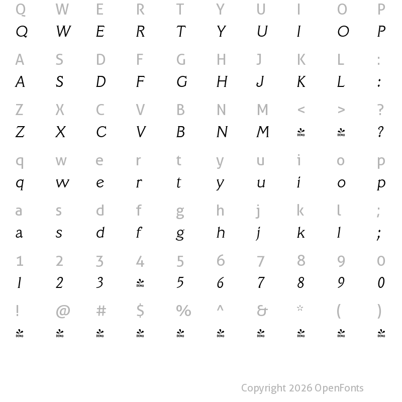 Character Map of FONTSPRING DEMO - Veracruz Serial Light Italic