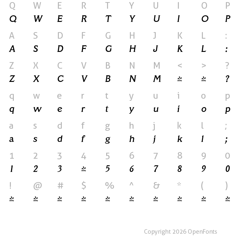 Character Map of FONTSPRING DEMO - Veracruz Serial Medium Italic