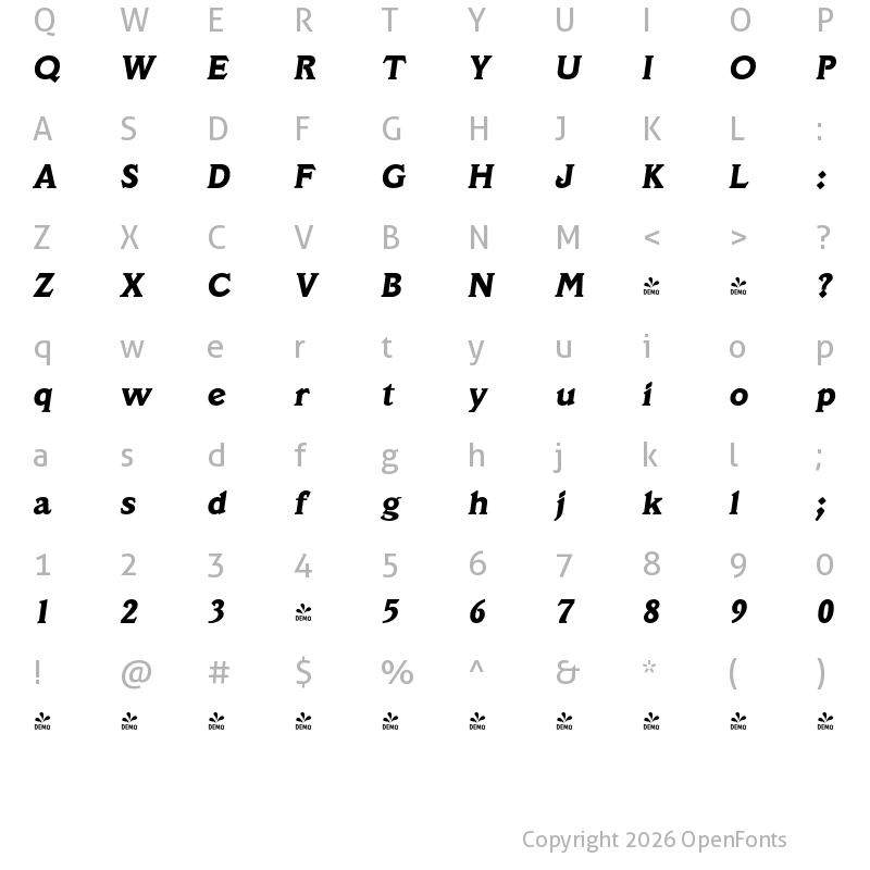 Character Map of FONTSPRING DEMO - Veracruz Serial Xbold Italic