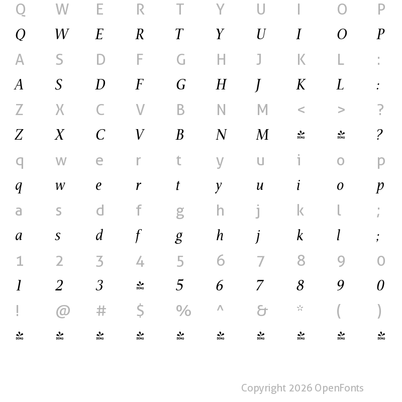 Character Map of FONTSPRING DEMO - Veritas AE Roman Italic