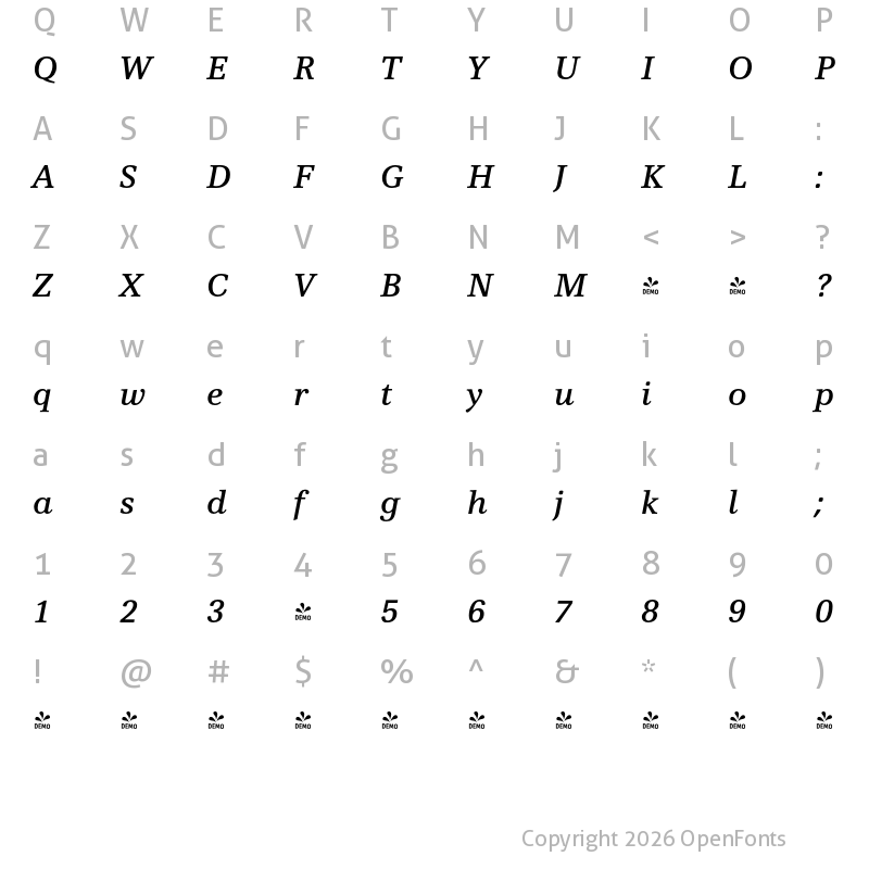 Character Map of FONTSPRING DEMO - Vernacular Clarendon Medium Italic