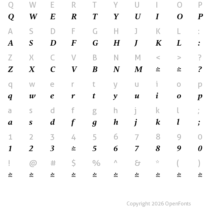 Character Map of FONTSPRING DEMO - Vernacular Serif Bold Italic