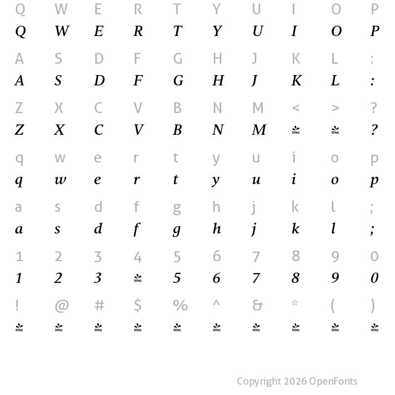 Character Map of FONTSPRING DEMO - Vernacular Serif Medium Italic