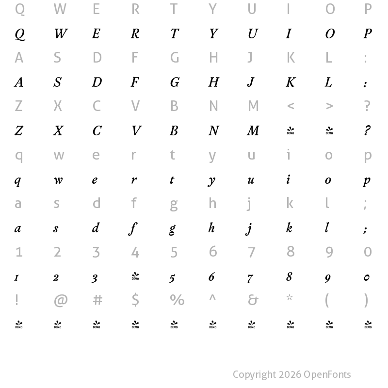 Character Map of FONTSPRING DEMO - Versina Bold It Regular