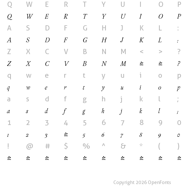 Character Map of FONTSPRING DEMO - Versina Light It Regular