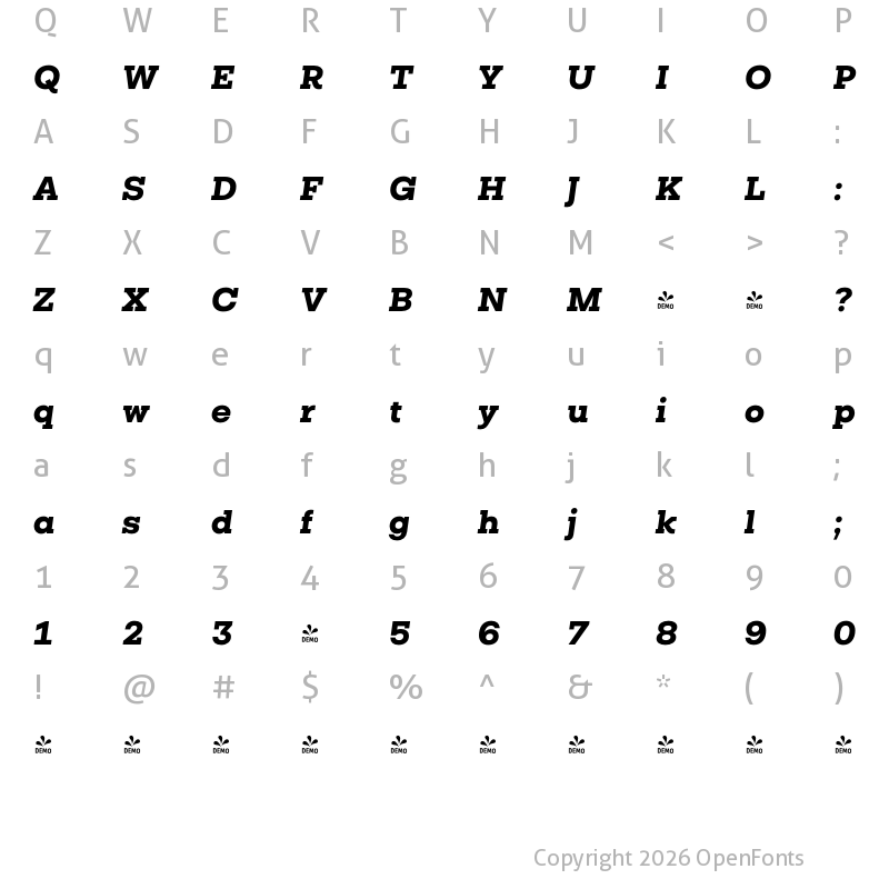 Character Map of FONTSPRING DEMO - Vicky Black Italic